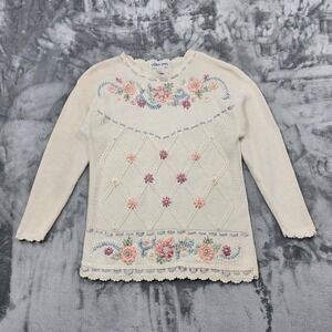 Vintage Celina Yang Sweater Womens L White Floral Embroidered Beaded Ramie Knit
